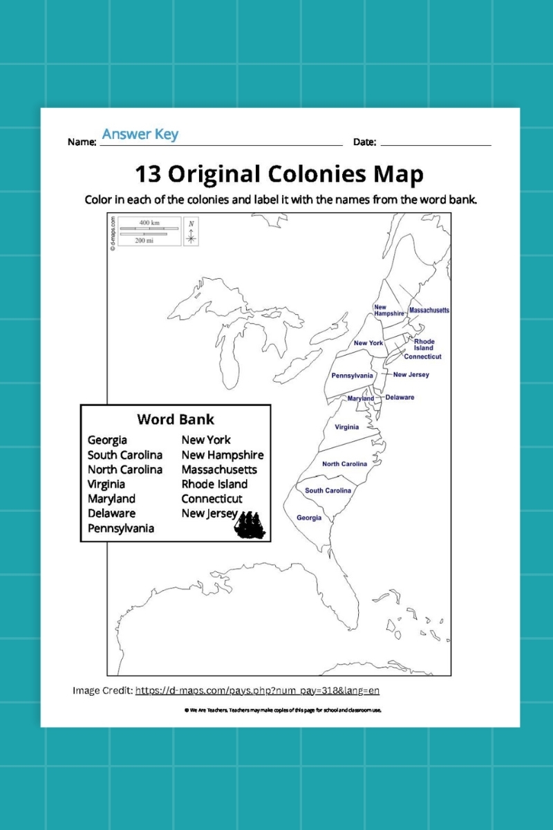 13 Colonies Map Printable