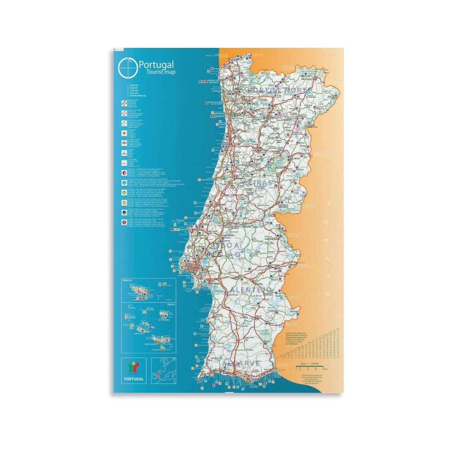 Amazon Iconic Arts Laminated Poster Maps Of Portugal Detailed Map Of Portugal In English Tourist Map Of Portugal Road Map Of Canvas Painting 
