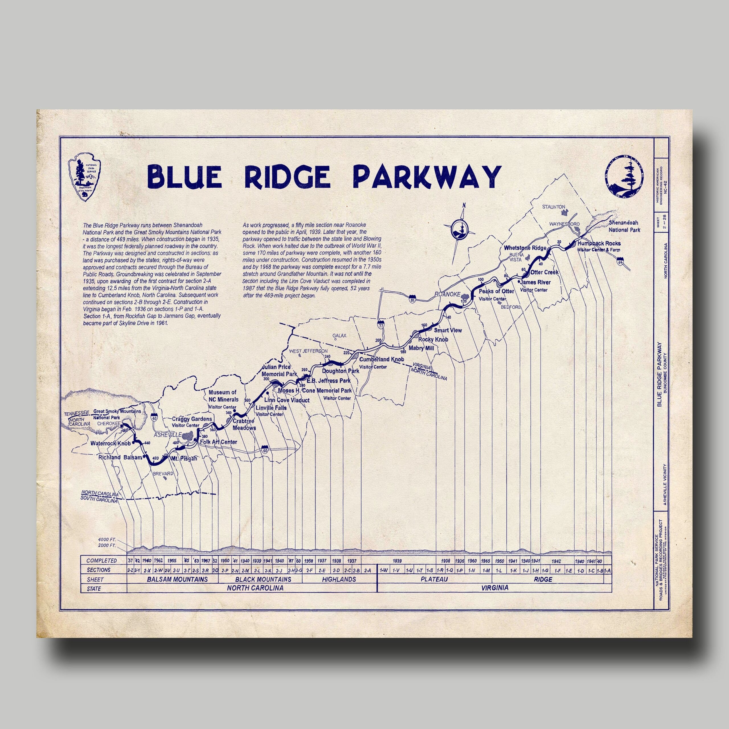 Blue Ridge Parkway Mountains Blueprint Highway Map Print Poster Grunge Etsy
