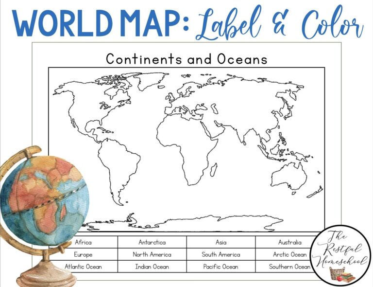 Continents And Oceans Color And Label Blank World Map Elementary Geography Homeschool Printable Activities Social Studies