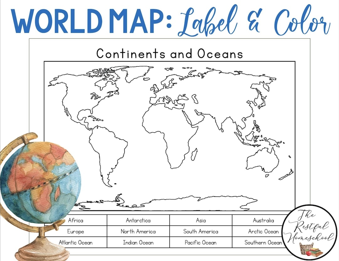 Continents And Oceans Color And Label Blank World Map Elementary Geography Homeschool Printable Activities Social Studies Etsy UK