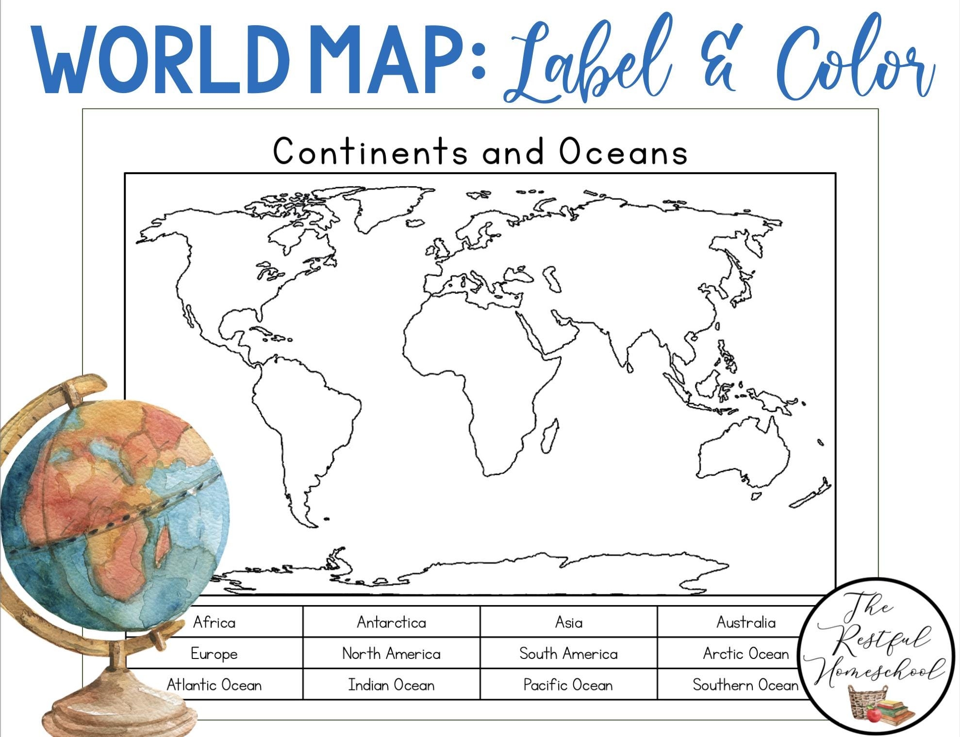 Continents And Oceans Color And Label Blank World Map Elementary Geography Homeschool Printable Activities Social Studies