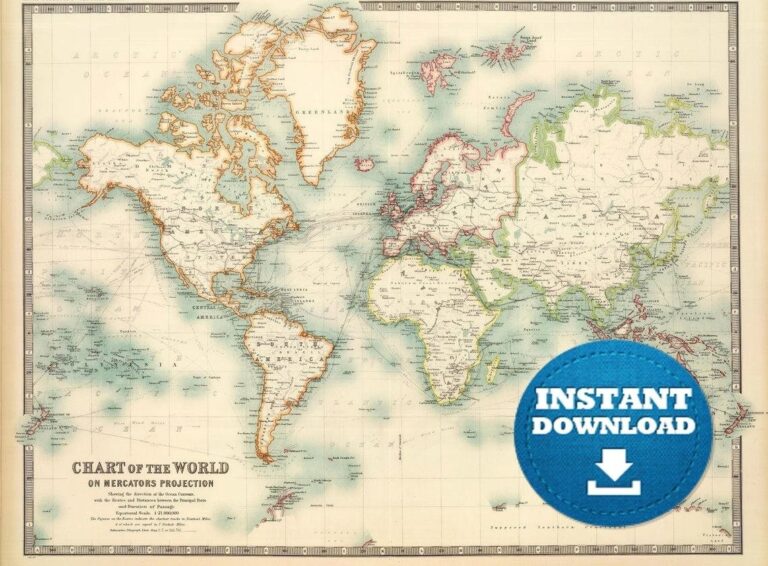 Digital Vintage World Map Printable Download Antique World Map File World Map Poster Turquoise Colors World Map Etsy