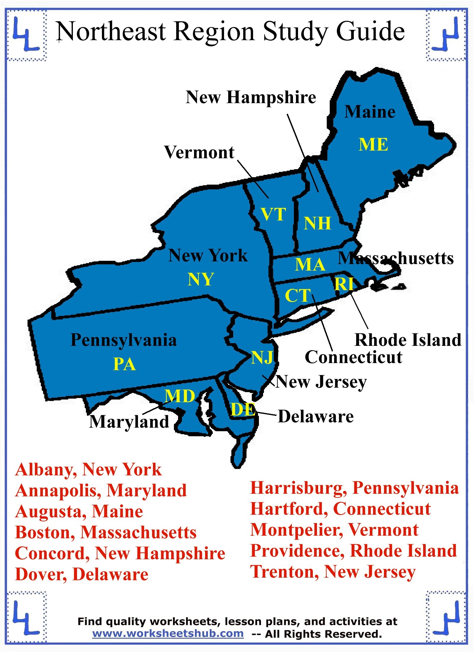 Fourth Grade Social Studies Northeast Region States And Capitals