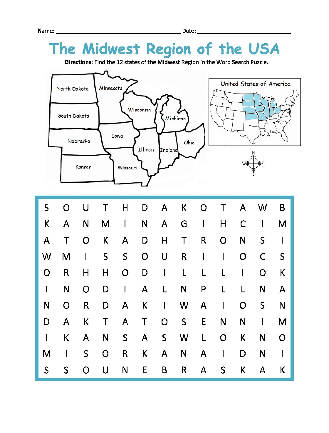 Midwest Region Of The United States Printable Map And Word Search 