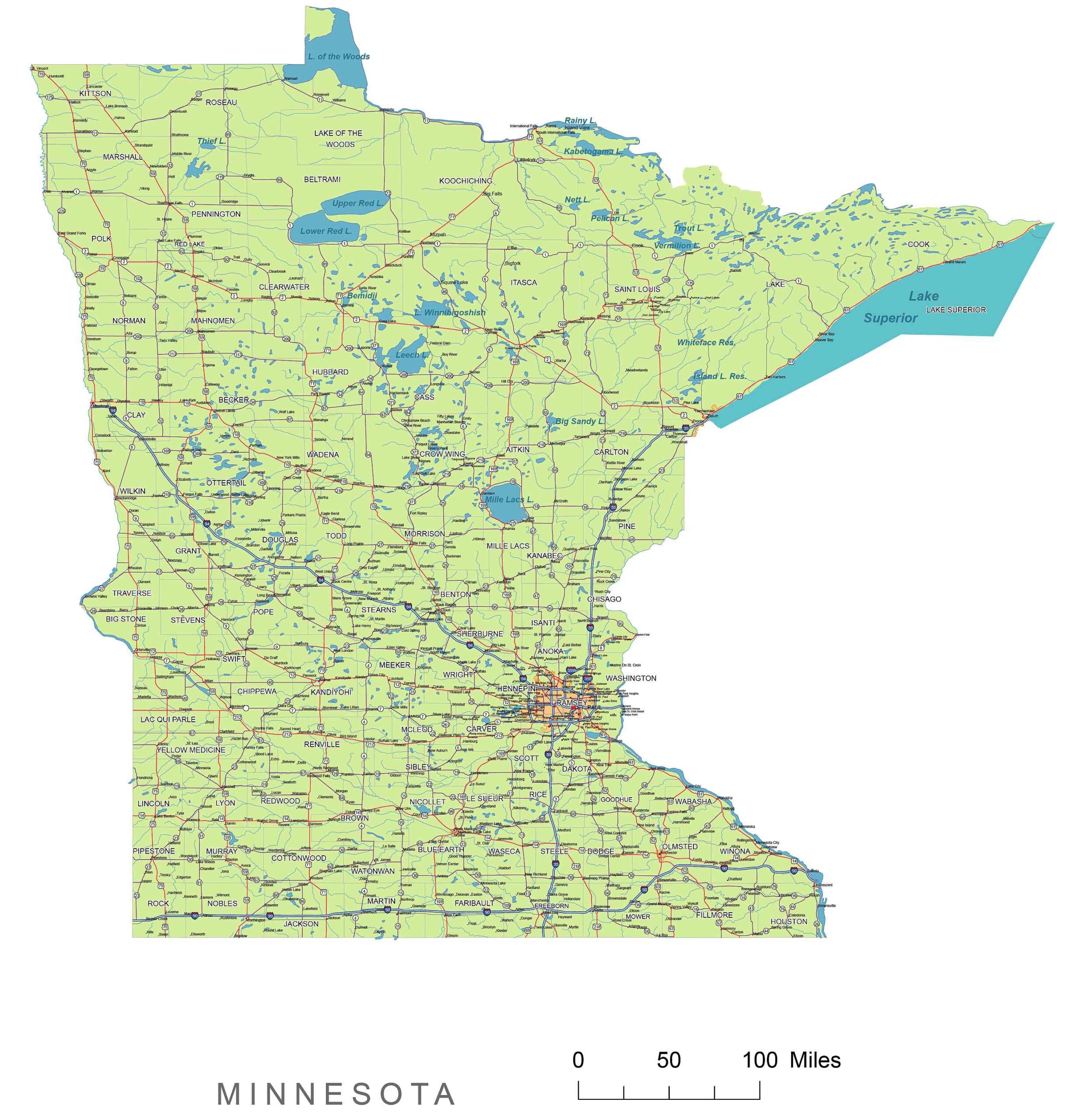 Minnesota State Vector Road Map Printable Vector Maps