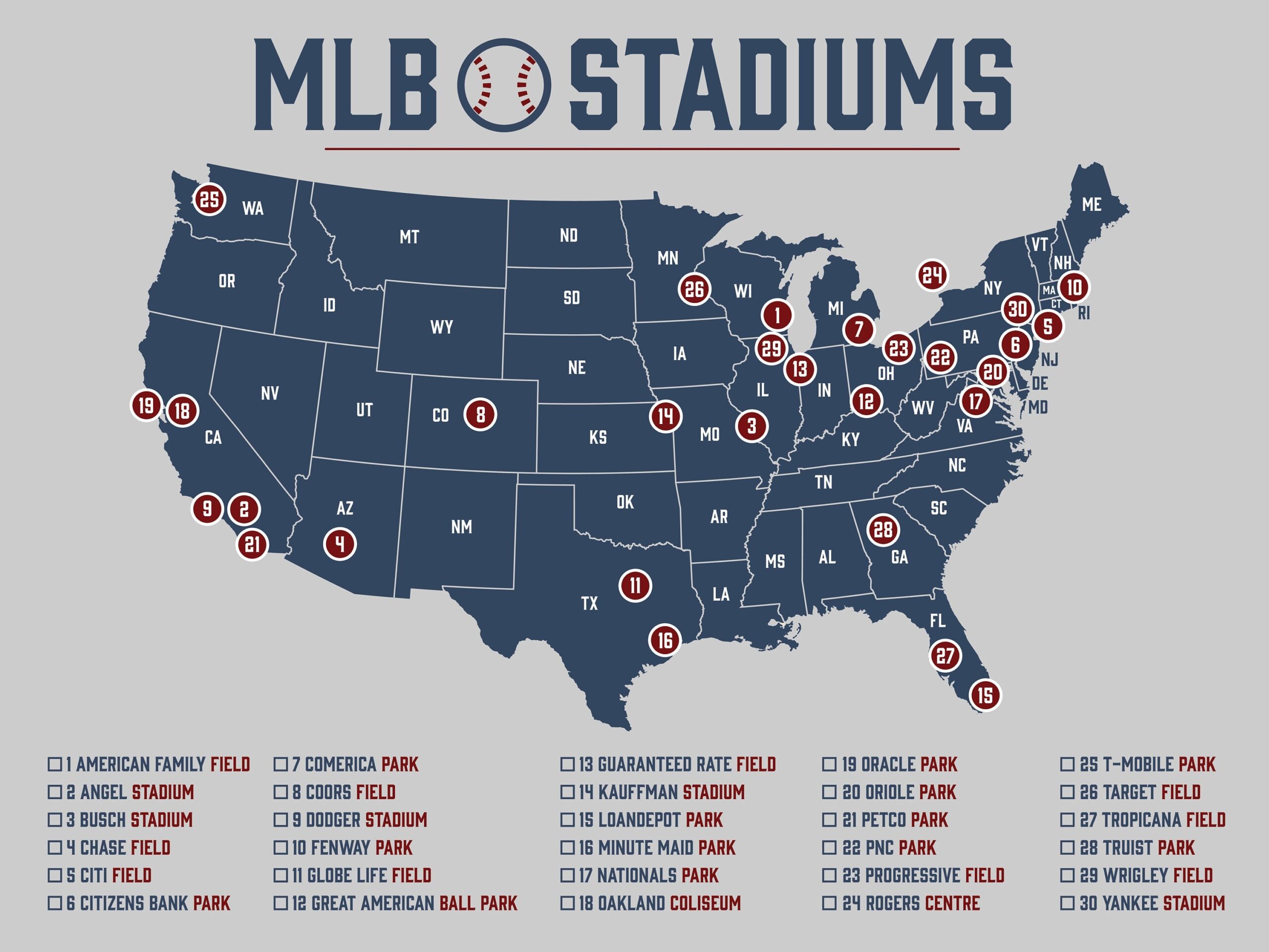 MLB Stadium Map Baseball Stadium Map Ballpark Map MLB Stadium Checklist Etsy