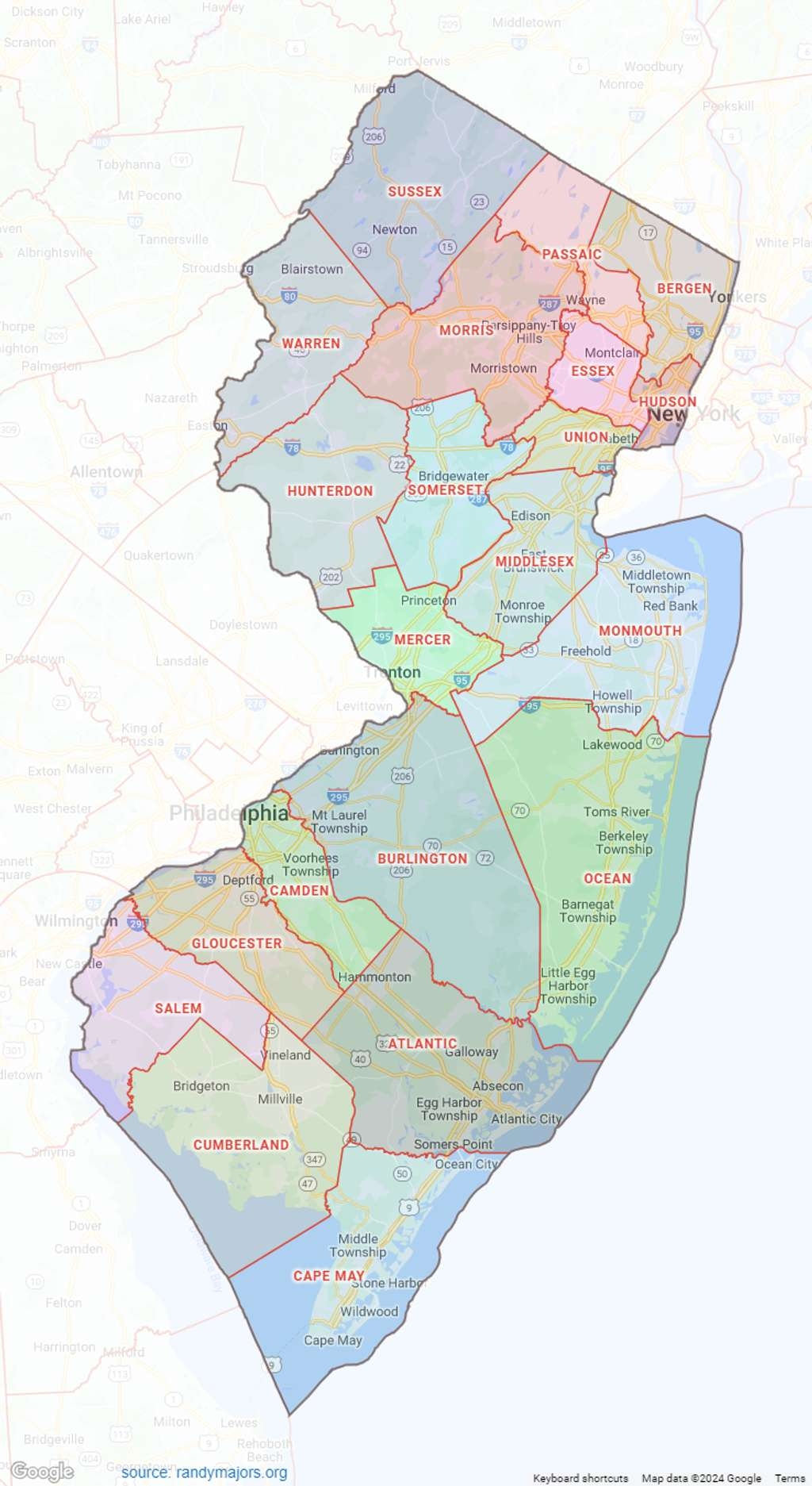 New Jersey County Map Shown On Google Maps