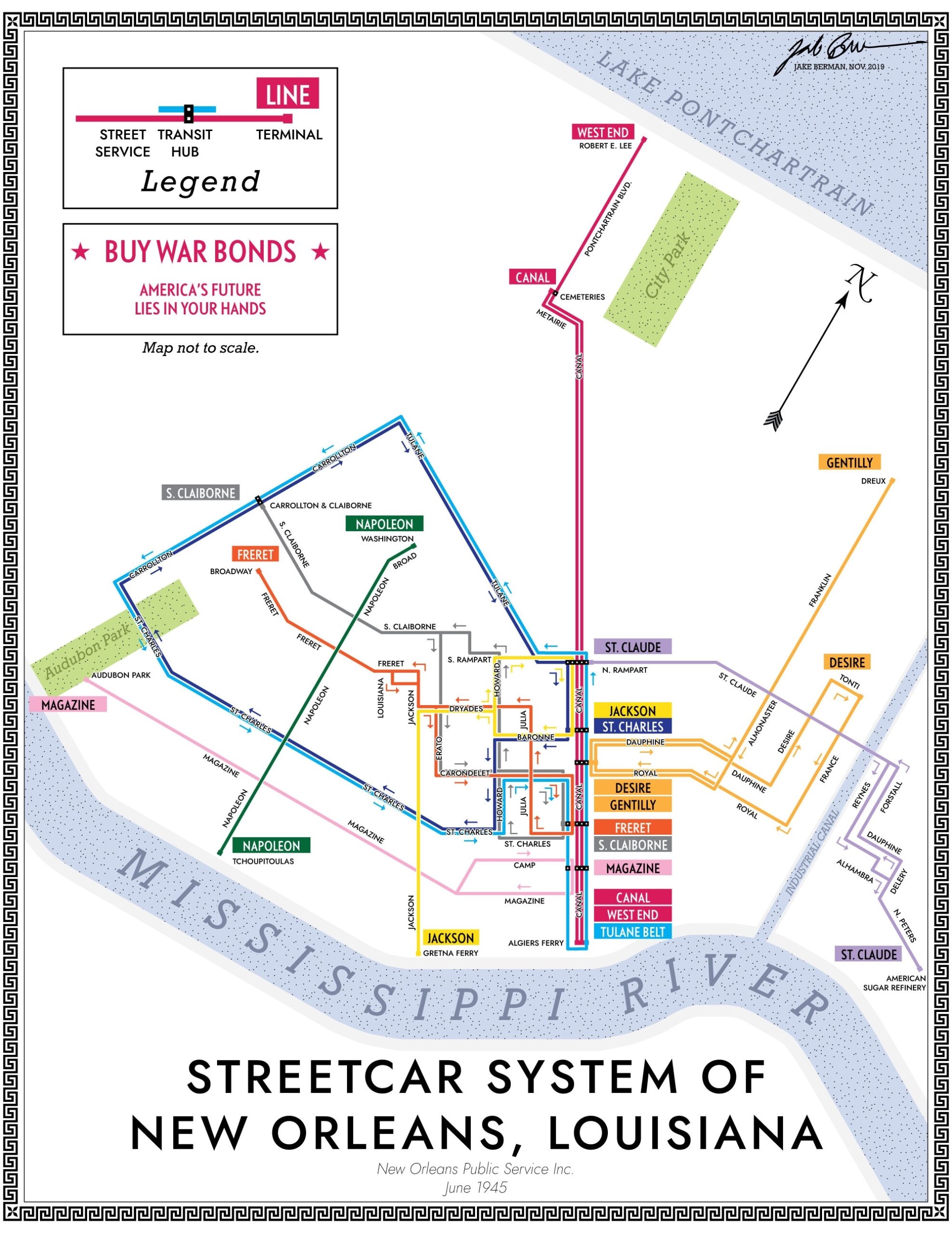 New Orleans Streetcar System Map Print 1945 Etsy