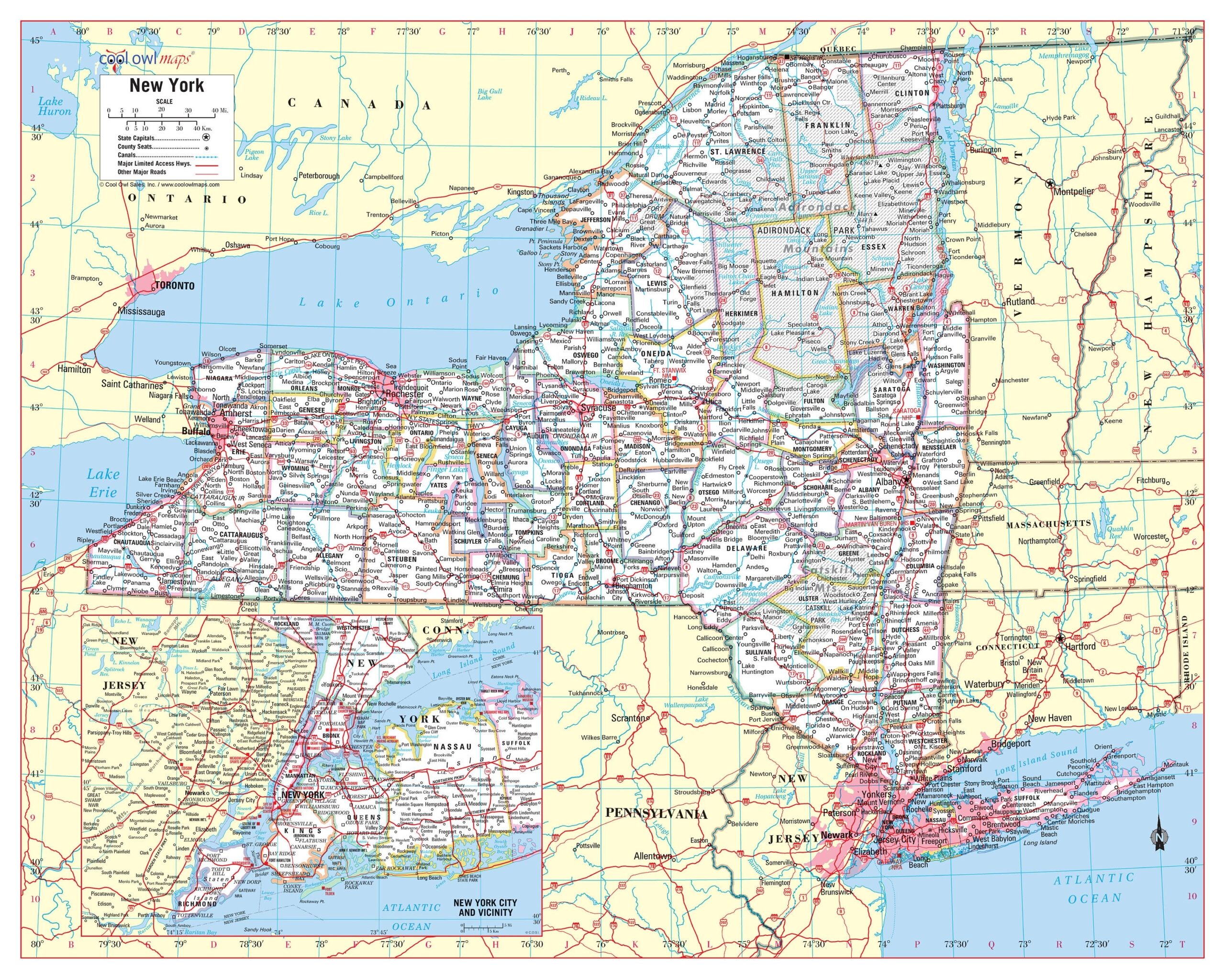 NEW YORK State Wall Map Large Print Poster 24