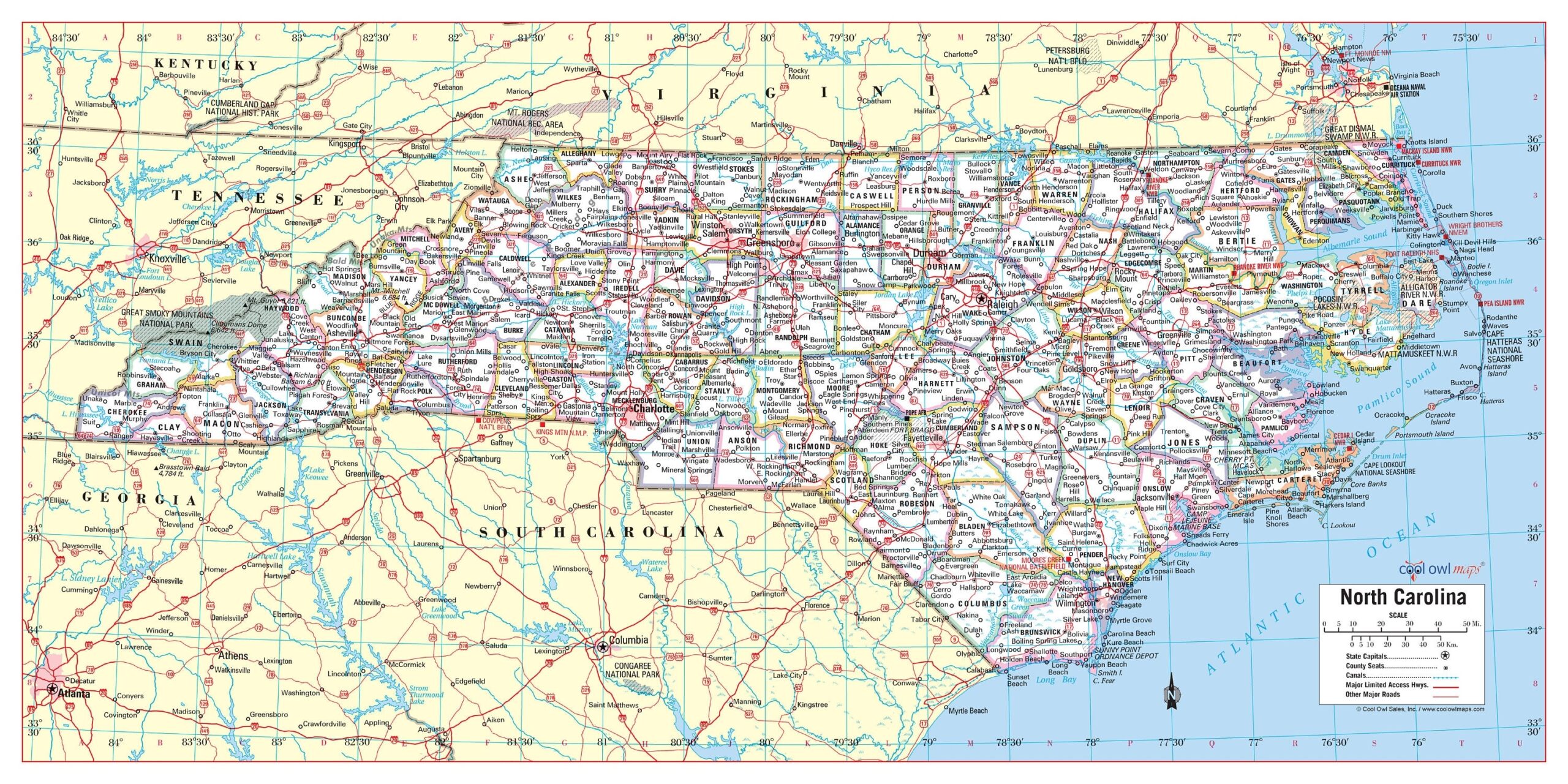 North Carolina State Wall Map Large Print Poster 36