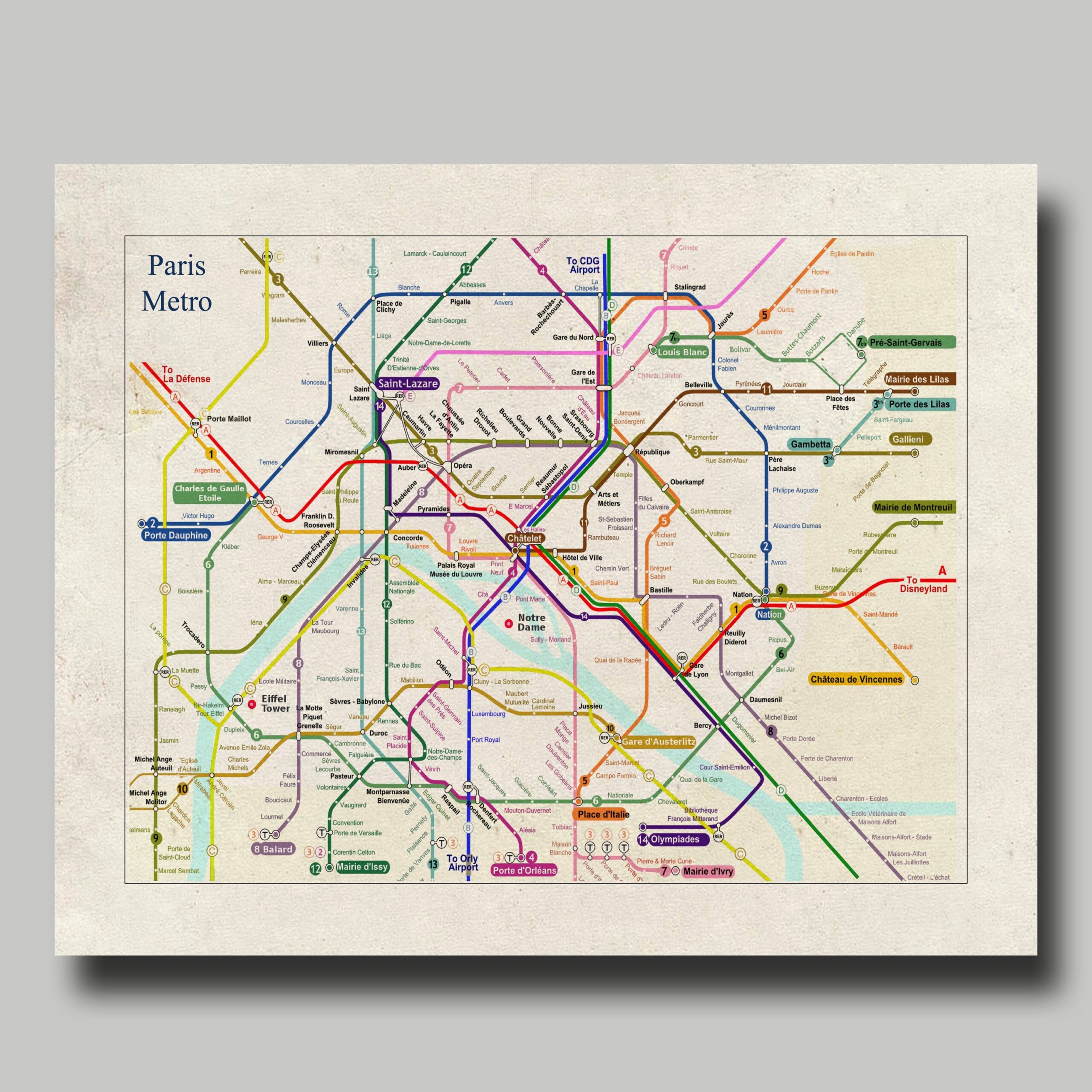 Paris Map Metro Map Print Vintage Poster