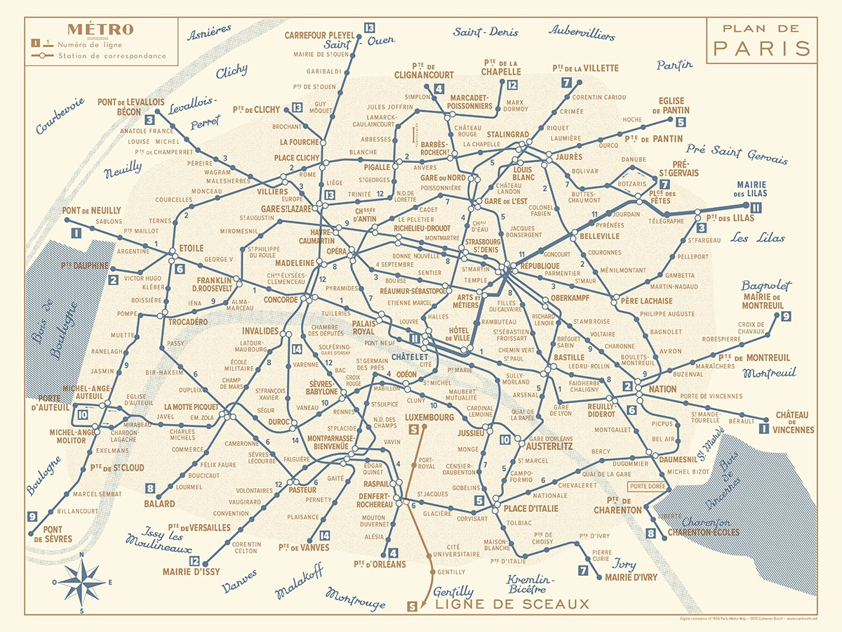 Paris Metro Map 1956 Blue And Gold