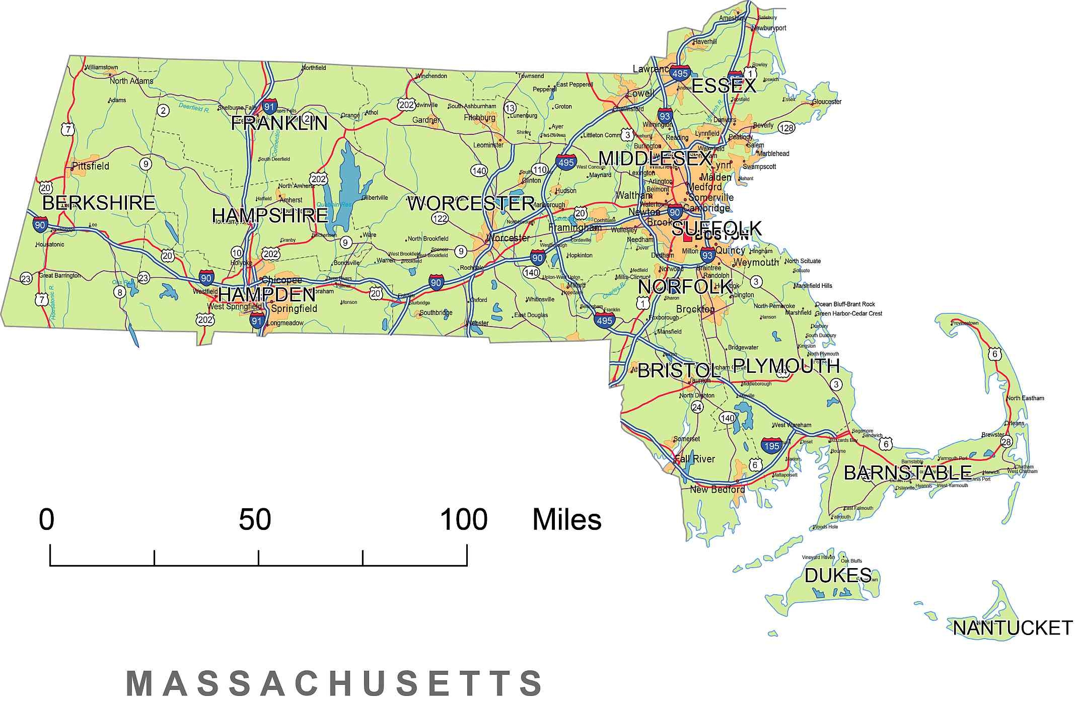 Massachusetts County Map Printable