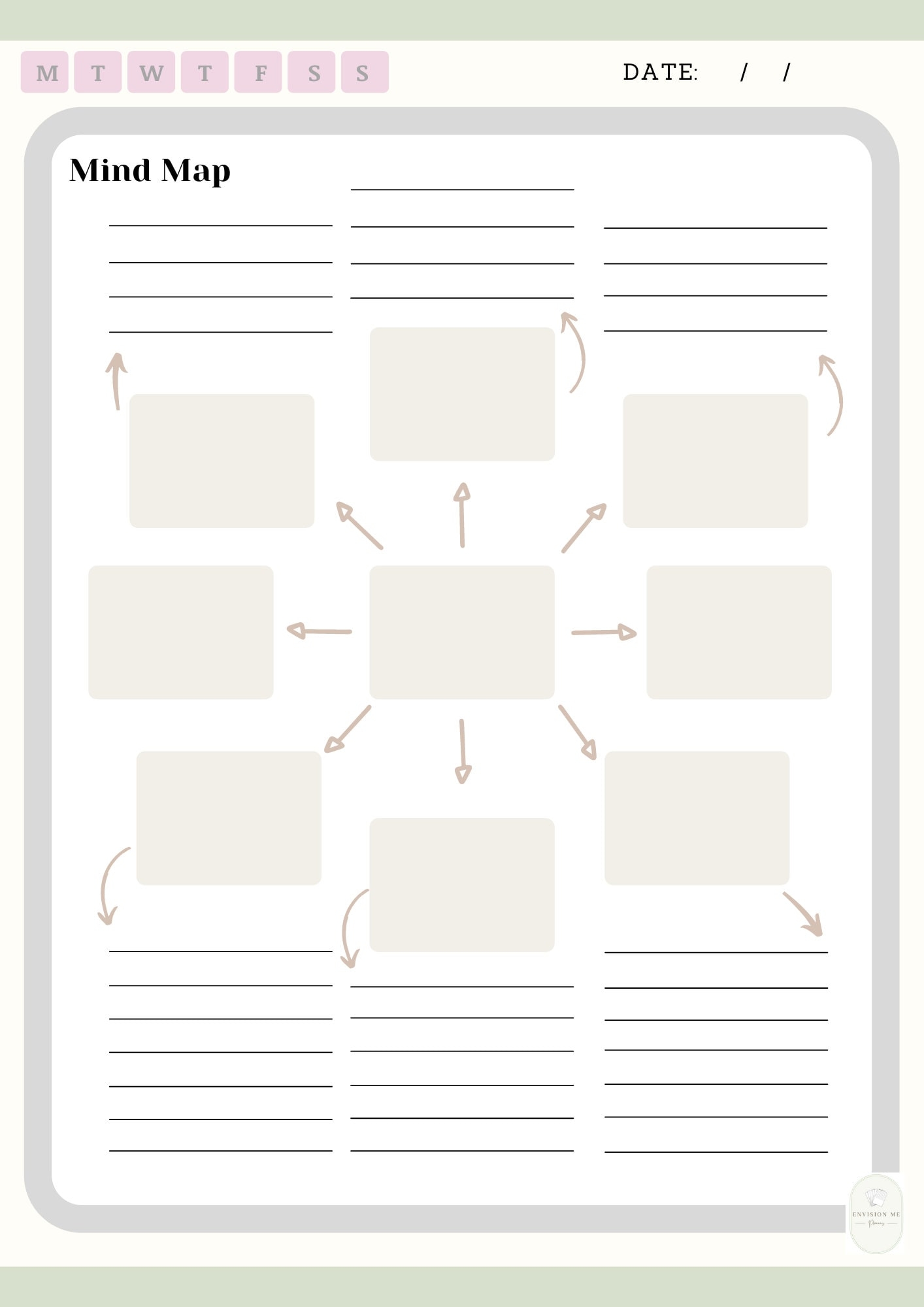 Printable digital Mind Map Template Brainstorming Planner Visual 