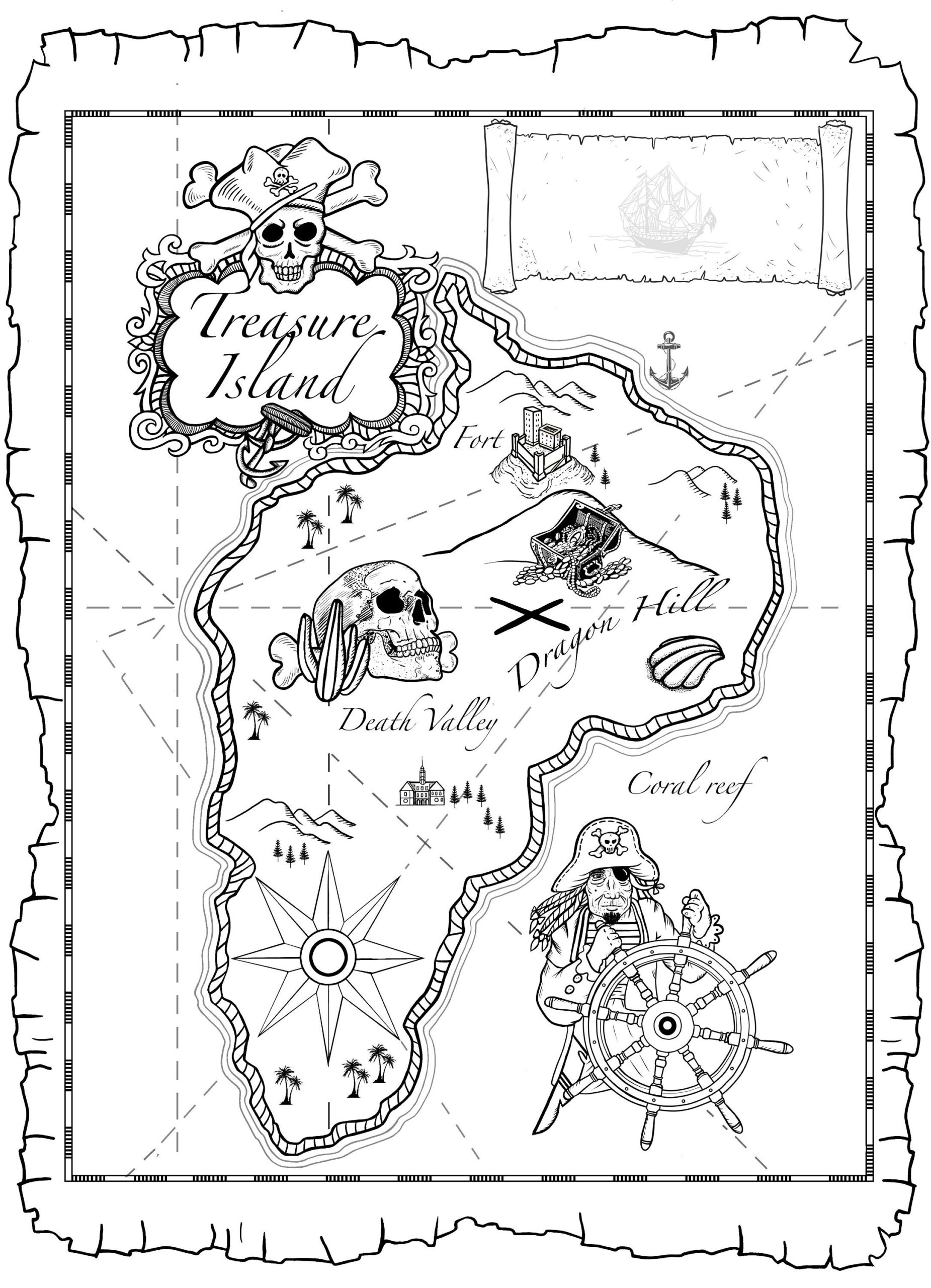 Printable Pirate Treasure Map Colouring Sheet Instant Digital 