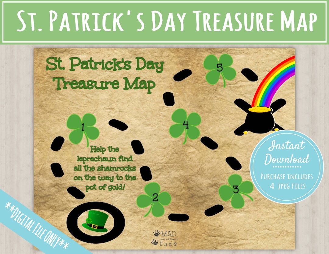 St Patrick s Day Treasure Map INSTANT PRINTABLE DOWNLOAD Shamrock Pot Of Gold Rainbow Scavenger Hunt St Patricks Day Leprechaun Clues Etsy 