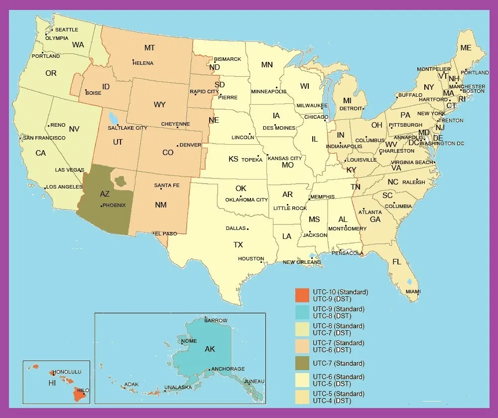 Printable Usa Time Zone Map