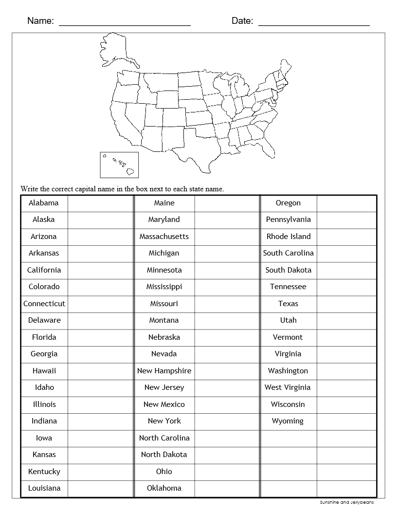 U S States U0026 Capitals Worksheets Test Sheets Maps U S Geography