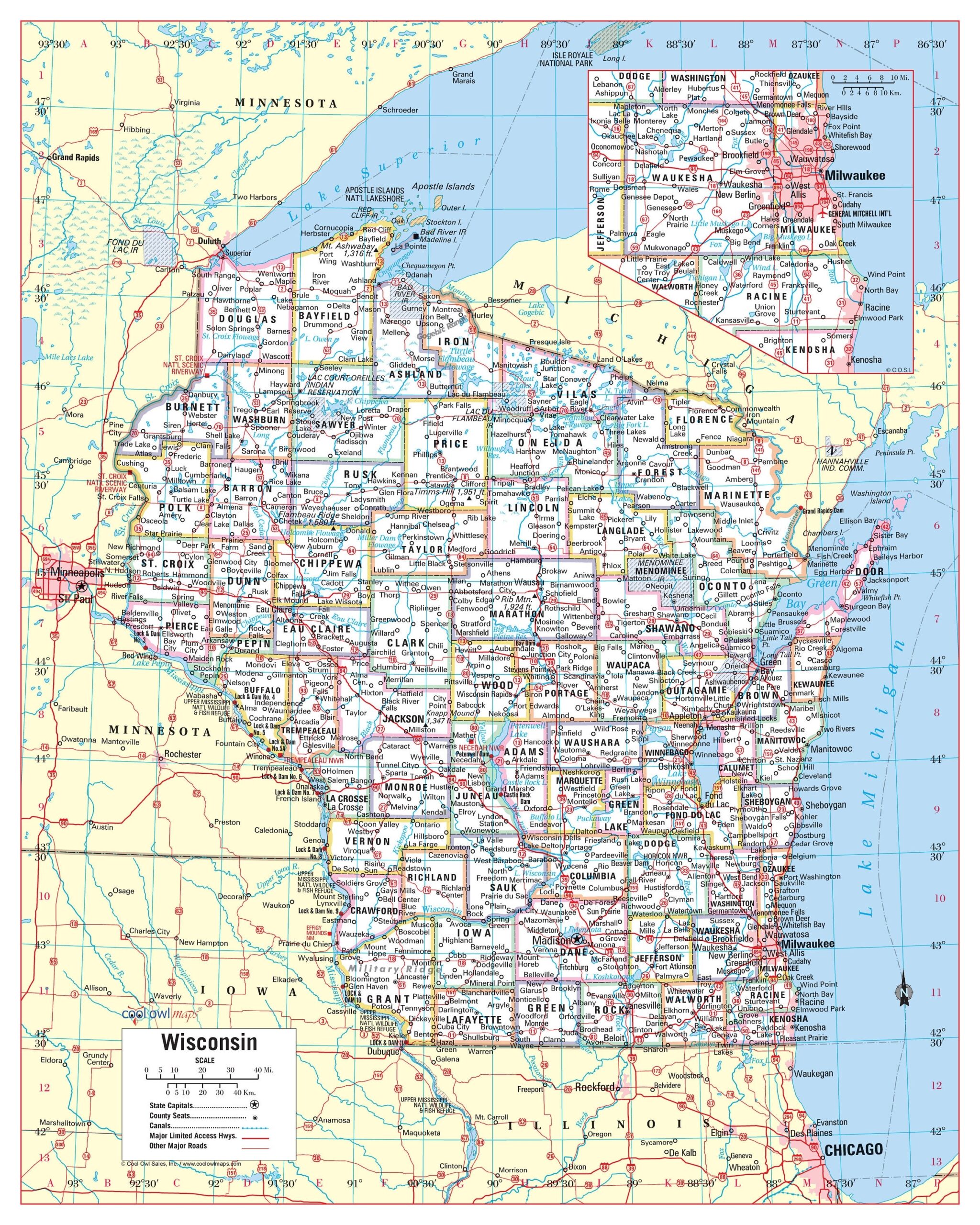 Wisconsin State Wall Map Large Print Poster 24