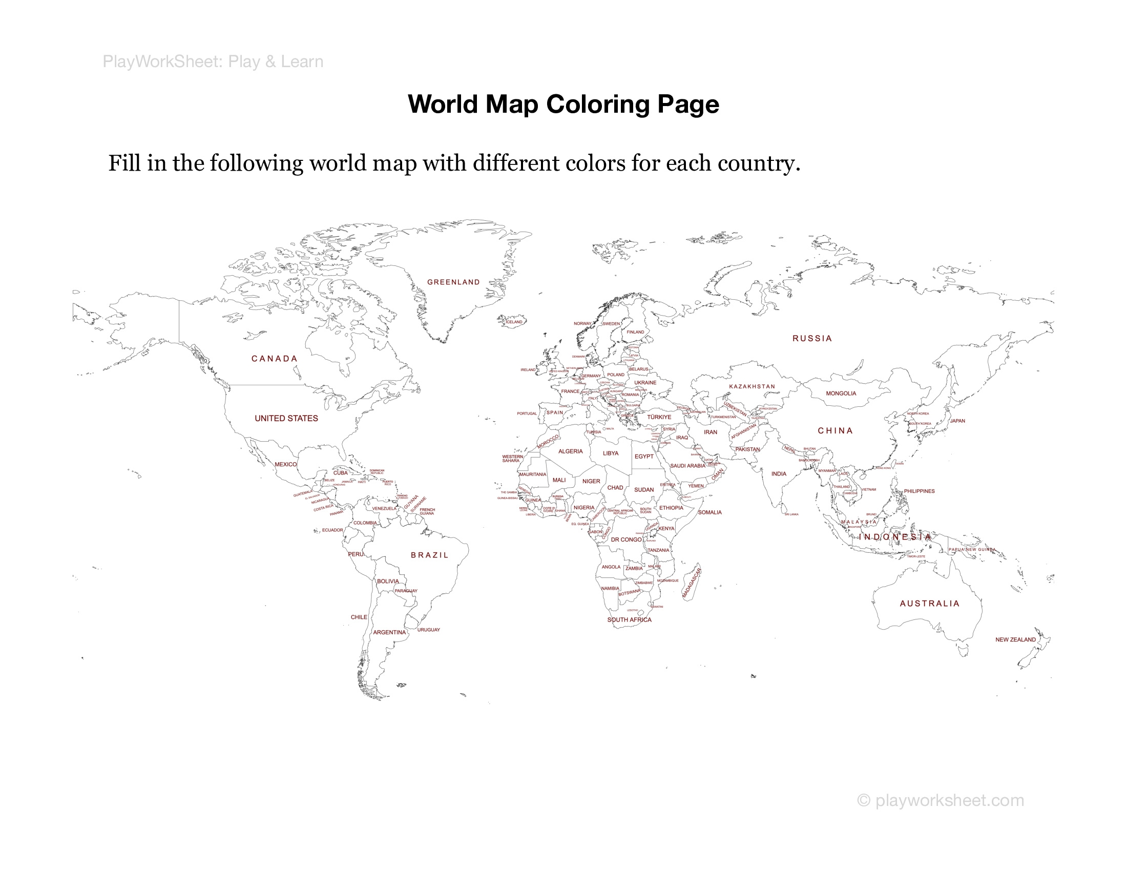 World Map Of Countries Coloring Page Free Printables For Kids